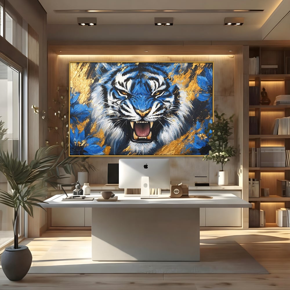 Tablou canvas cu tablou canvas cu tigru albastru si flori, in rama de aluminiu auriu, pe perete intr-un birou